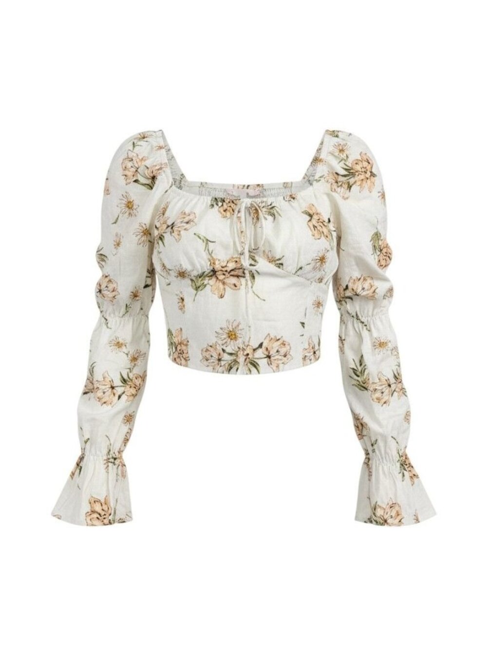 GB White & Beige Floral Puff Sleeve Cropped Top Tie Detail M NWT